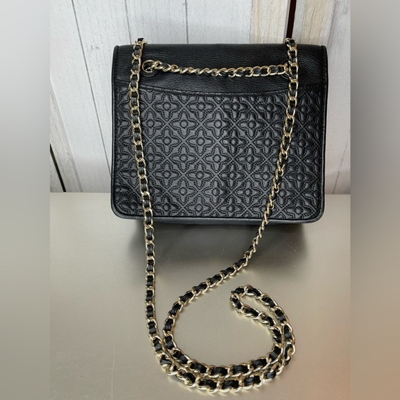 Tory Burch Bryant Medium Black Leather Womens Chain Shoulder Bag Floral Print - Picture 2 of 12